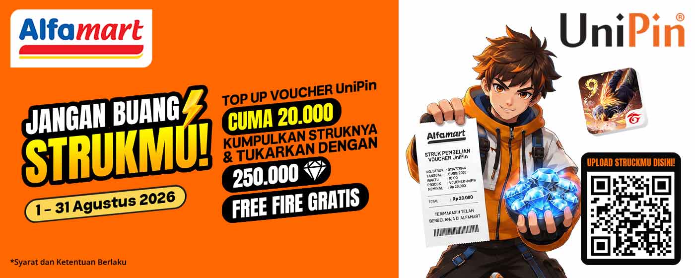 Kumpulkan Struk Pembelian Voucher UniPin di Alfamart & Raih Kesempatan Mendapatkan Total Hadiah hingga 250K Diamonds Free Fire GRATIS!